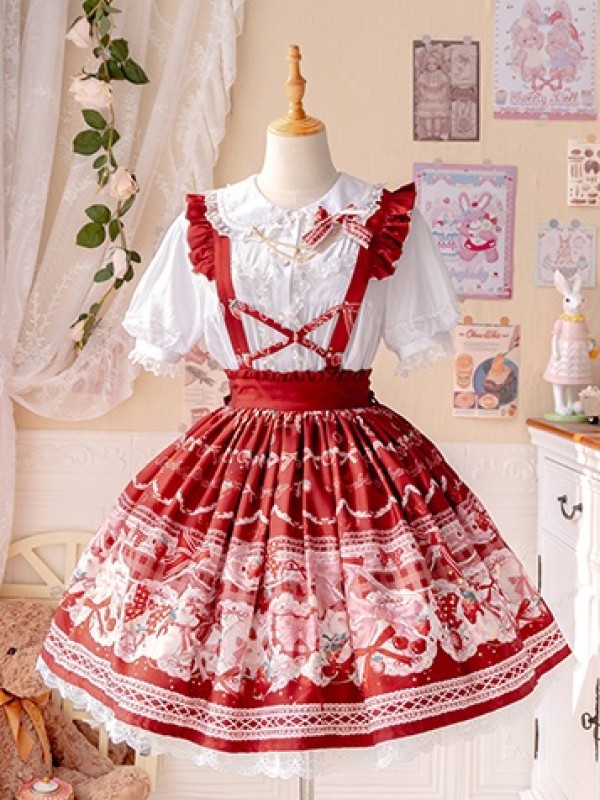 Sweet and Cute Bunny Strawberry Lolita Suspender Skirt SK Set Sweet and Cute Bunny Strawberry Lolita Suspender Skirt SK Set