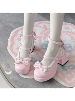 Lace Heart Knot Round Toe Shallow High Heel Elegant Lolita Shoes