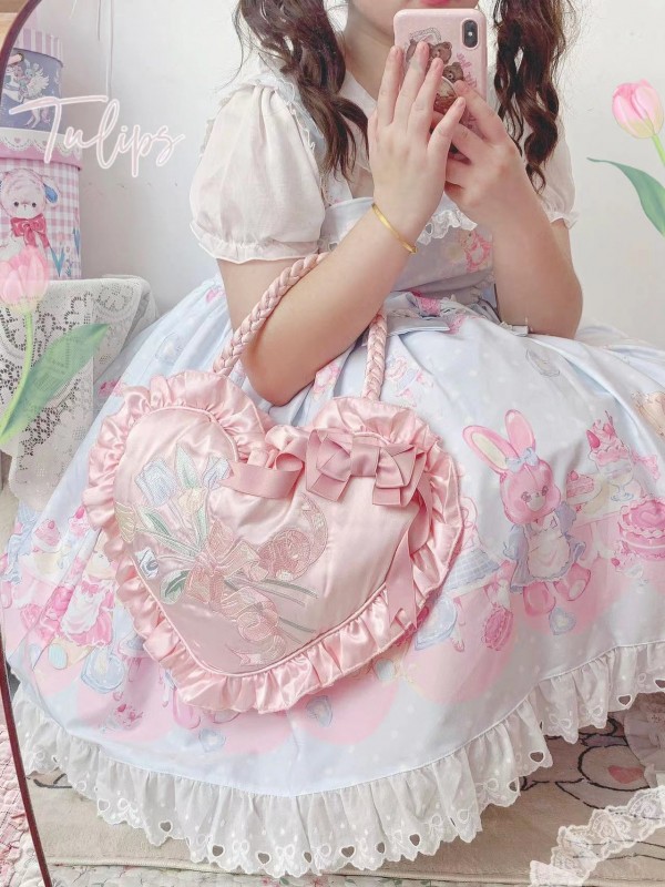 Sweet Bow Heart Bag Embroidery Hand-held Lolita Bag Sweet Bow Heart Bag Embroidery Hand-held Lolita Bag