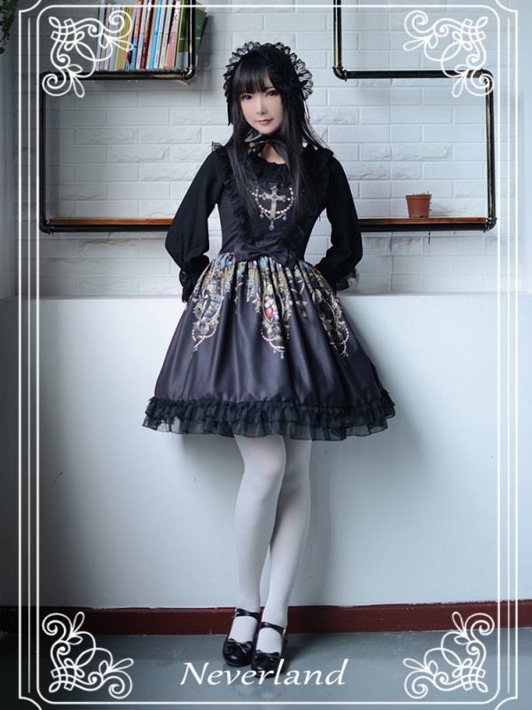 Vintage Madonna Cross Print V Waist Lolita Jumperskirt