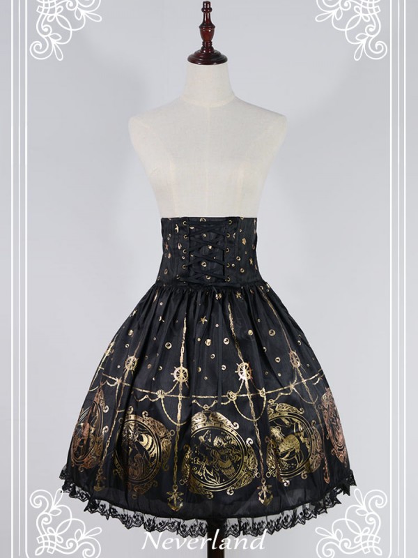 Gold Vintage Print Mermaid Song High-waisted Lolita Fishbone Skirt Gold Vintage Print Mermaid Song High-waisted Lolita Fishbone Skirt