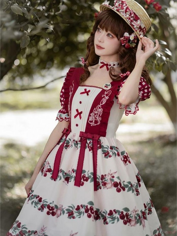 【Midsummer Orchard】~lolita Onepiece~Cherry Bunny Printed Skirt~Summer model 【Midsummer Orchard】~lolita Onepiece~Cherry Bunny Printed Skirt~Summer model