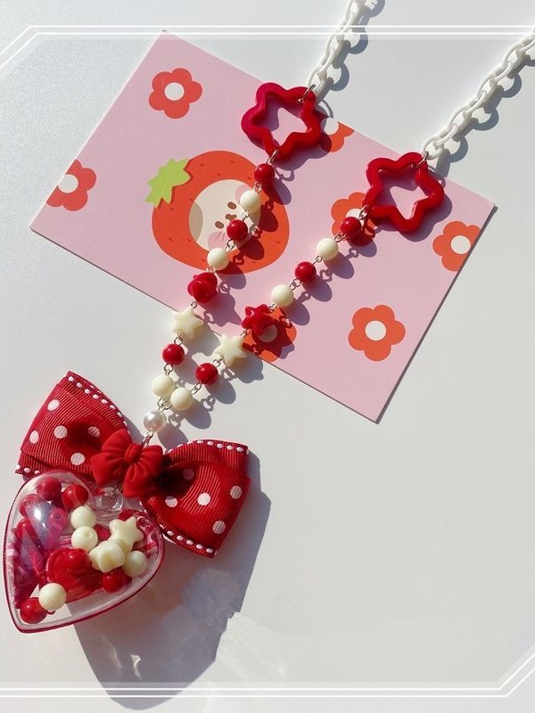 Red Transparent Heart Bowknot Necklace Red Transparent Heart Bowknot Necklace