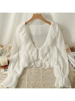 Ruffle edge long sleeved V-neck outerwear