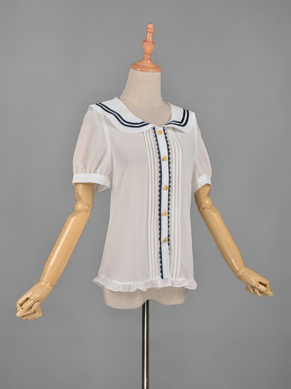Sailor Collar Chiffon Short Sleeve Blouse 