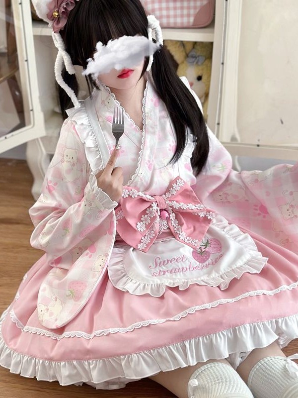 【Summer cute Cat】~Lolita~Pink Japanesestyle Maid Dress 【Summer cute Cat】~Lolita~Pink Japanesestyle Maid Dress