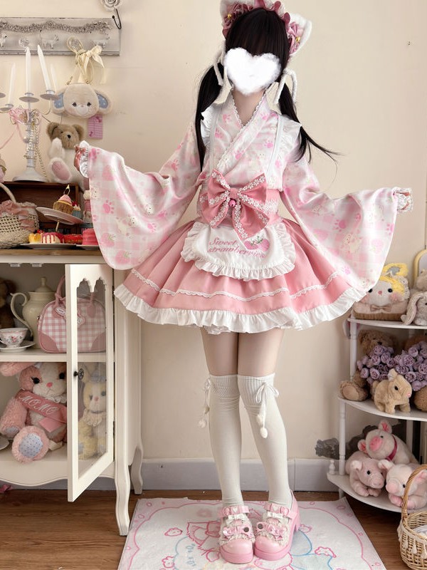 【Summer cute Cat】~Lolita~Pink Japanesestyle Maid Dress 【Summer cute Cat】~Lolita~Pink Japanesestyle Maid Dress