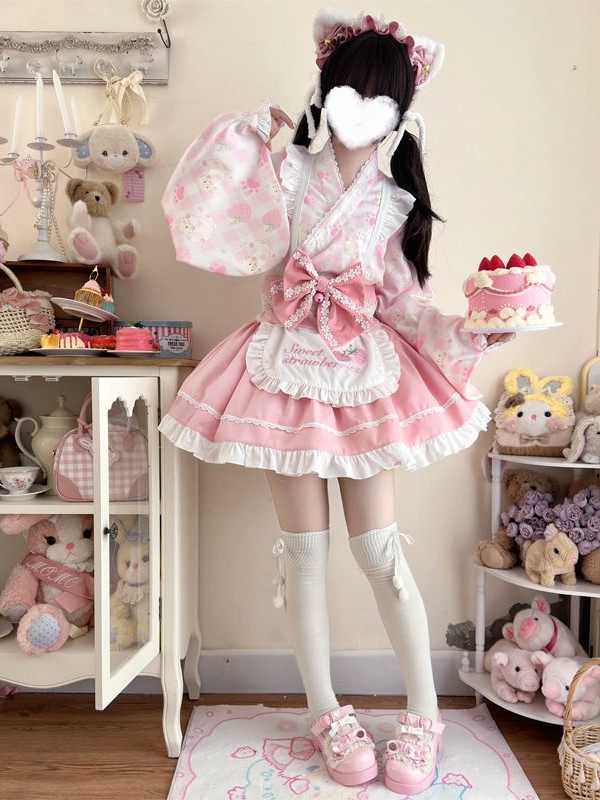 【Summer cute Cat】~Lolita~Pink Japanesestyle Maid Dress 【Summer cute Cat】~Lolita~Pink Japanesestyle Maid Dress