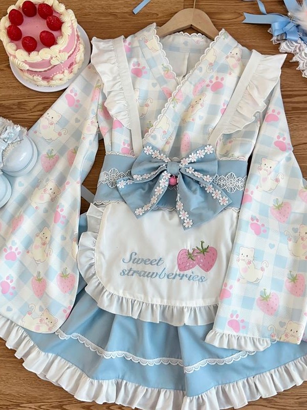 【Summer cute Cat】~Lolita~Blue Japanesestyle Maid Dress 【Summer cute Cat】~Lolita~Blue Japanesestyle Maid Dress
