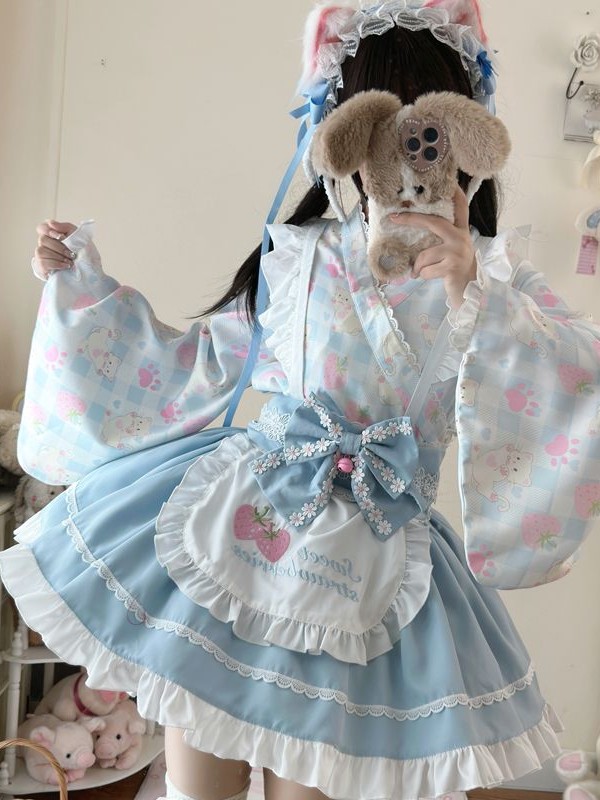 【Summer cute Cat】~Lolita~Blue Japanesestyle Maid Dress 【Summer cute Cat】~Lolita~Blue Japanesestyle Maid Dress