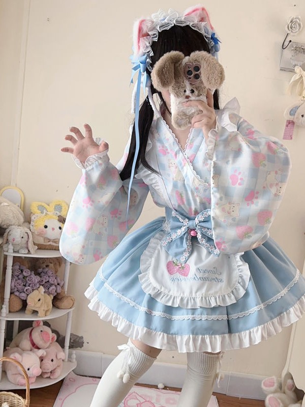 【Summer cute Cat】~Lolita~Blue Japanesestyle Maid Dress 【Summer cute Cat】~Lolita~Blue Japanesestyle Maid Dress