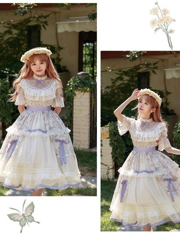 【The inflorescence of Letter and poem】~lolita~Cherry Butterfly Print ONE-PIECE~Chiffon Princess Dress 【The inflorescence of Letter and poem】~lolita~Cherry Butterfly Print ONE-PIECE~Chiffon Princess Dress