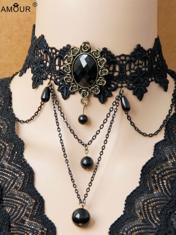Vintage Fringe Black Lace Choker