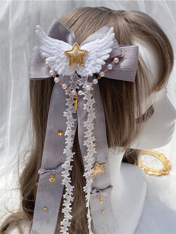 Wings and Pentagram Hair Clip with Faux Pearls Chain Wings and Pentagram Hair Clip with Faux Pearls Chain