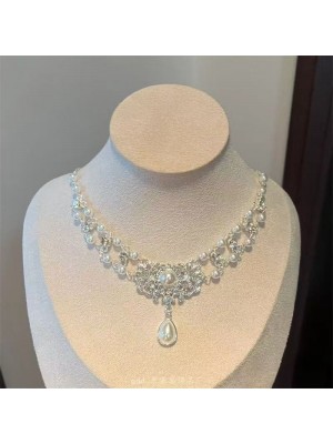 [teardrop choker] Pearl & rhinestone tassel pendant necklace