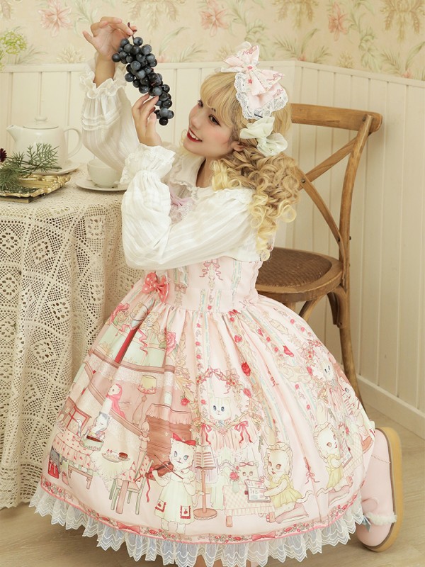 Zhijinyuan - Cat Tea Party Suspender Skirt Zhijinyuan - Cat Tea Party Suspender Skirt