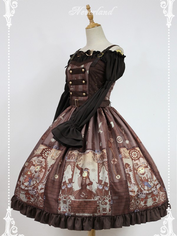 Steampunk Cat Vintage Print  Double Breasted Lolita Jumperskirt