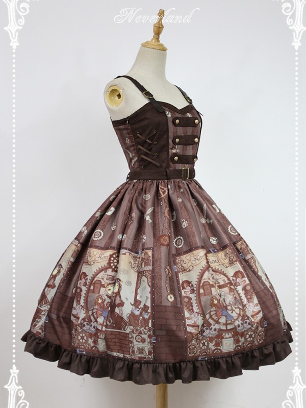 Steampunk Cat Vintage Print  Double Breasted Lolita Jumperskirt