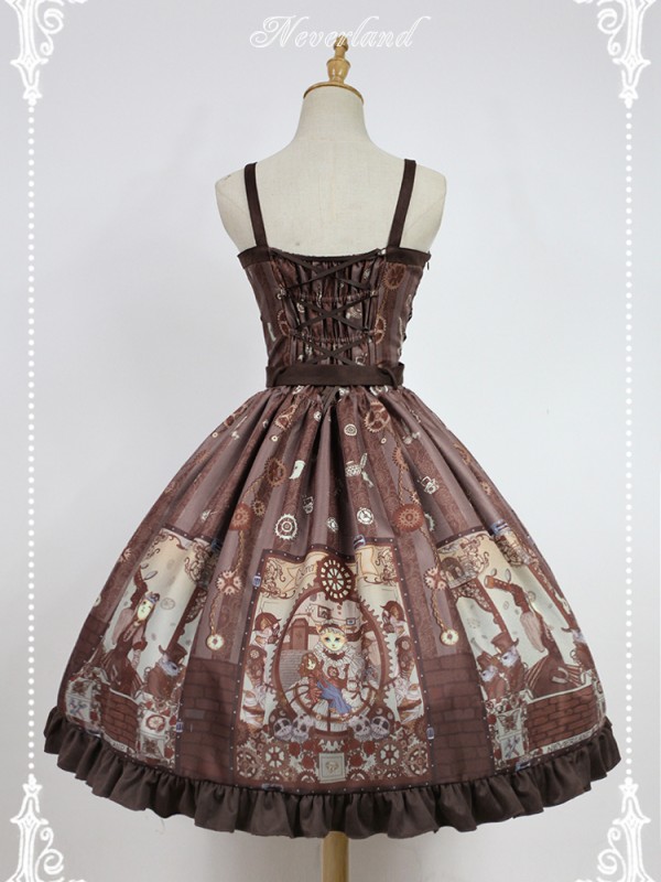 Steampunk Cat Vintage Print  Double Breasted Lolita Jumperskirt