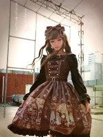 Steampunk Cat Vintage Print  Double Breasted Lolita Jumperskirt