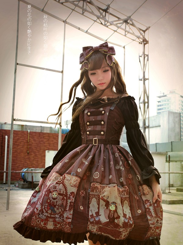 Steampunk Cat Vintage Print  Double Breasted Lolita Jumperskirt