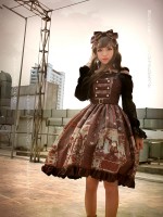 Steampunk Cat Vintage Print  Double Breasted Lolita Jumperskirt