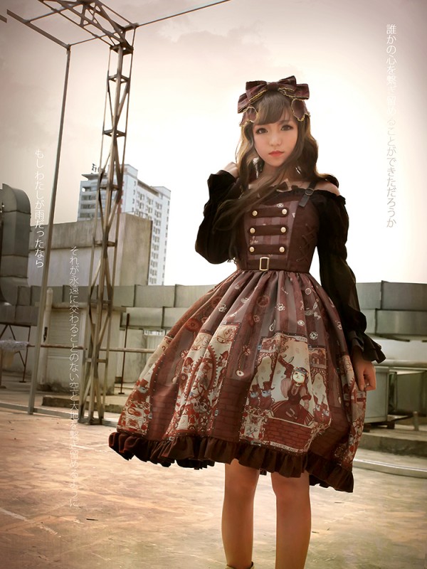 Steampunk Cat Vintage Print  Double Breasted Lolita Jumperskirt