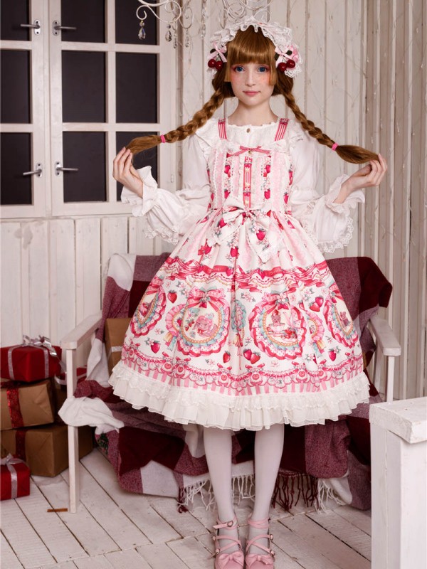 Cute and sweet Strawberry Rabbit Halter Jumperskirt