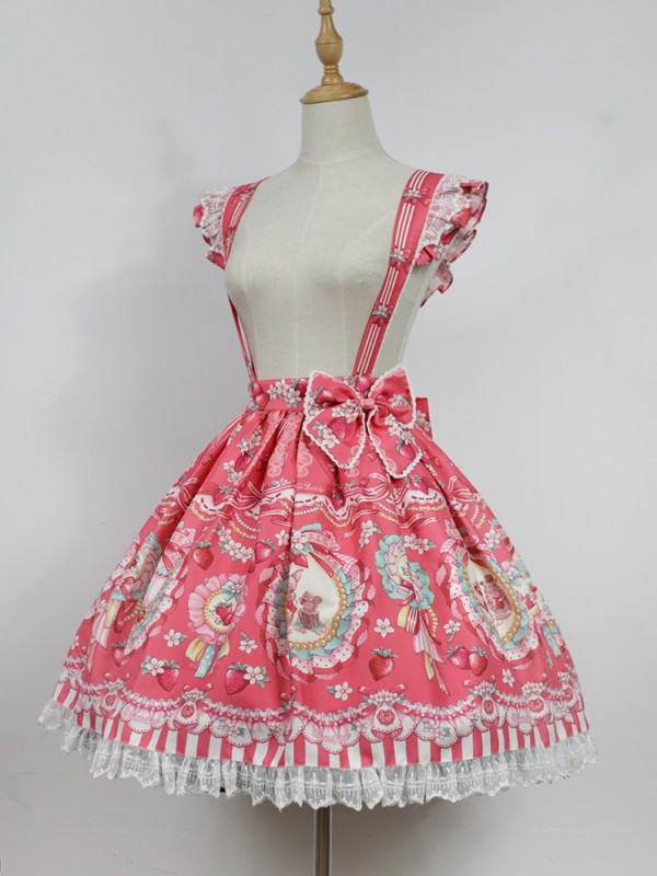 Sweet Cute Strawberry Rabbit Suspender Skirt Lolita