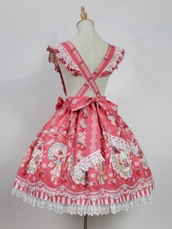 Sweet Cute Strawberry Rabbit Suspender Skirt Lolita
