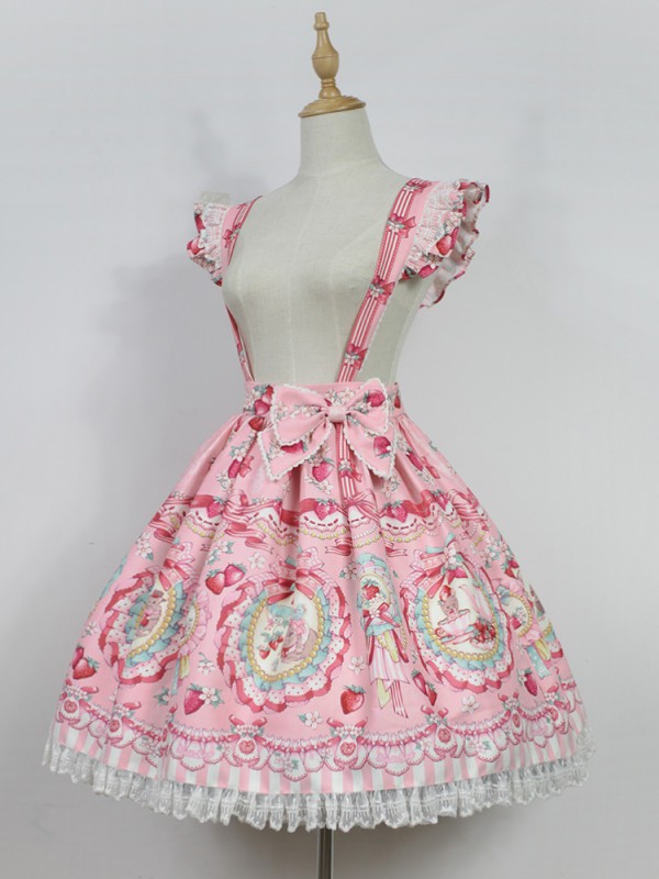 Sweet Cute Strawberry Rabbit Suspender Skirt Lolita