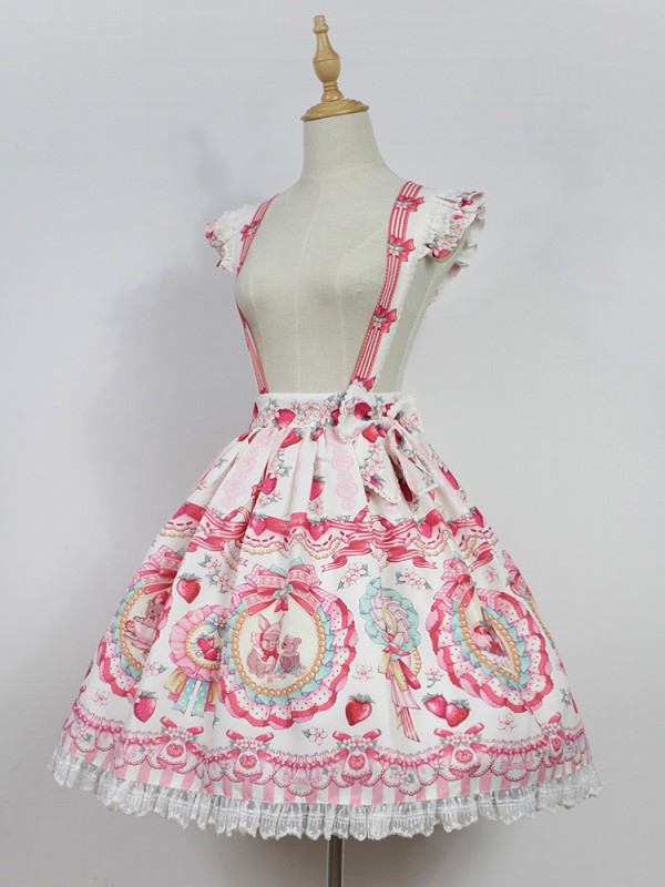 Sweet Cute Strawberry Rabbit Suspender Skirt Lolita