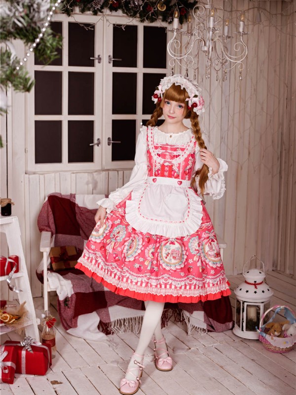 Pink Sweet Strawberry Rabbit Apron Lolita Jumperskirt Pink Sweet Strawberry Rabbit Apron Lolita Jumperskirt