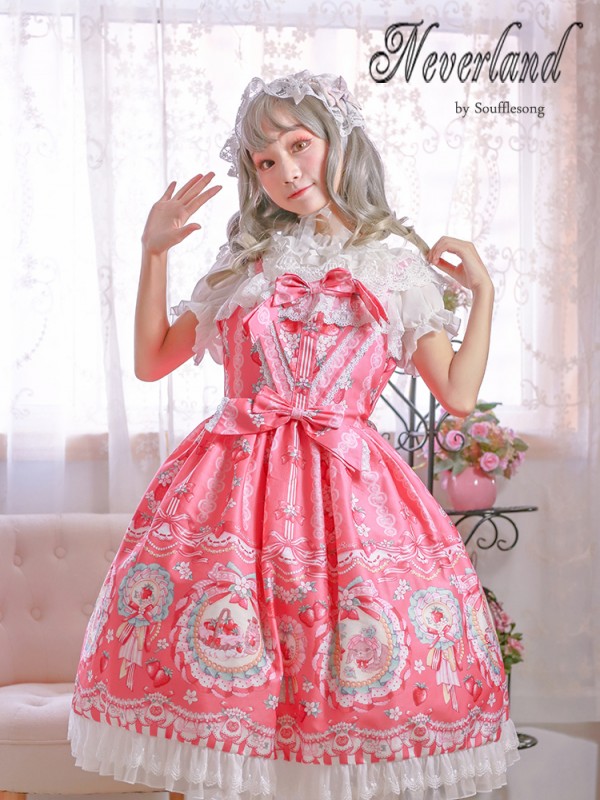 Pink Sweet Strawberry Rabbit High-waisted Lolita Jumperskirt Pink Sweet Strawberry Rabbit High-waisted Lolita Jumperskirt