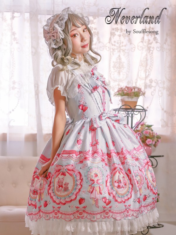 Pink Sweet Strawberry Rabbit High-waisted Lolita Jumperskirt Pink Sweet Strawberry Rabbit High-waisted Lolita Jumperskirt